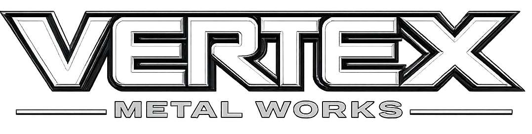 Vertex Metal Works logo with bold outlined lettering and gray horizontal lines on white background